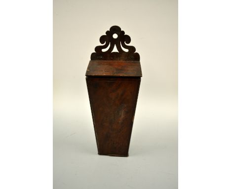 A 19TH CENTURY MAHOGANY CROSSBANDED CANDLE BOX, with inlaid stemmed floral designs to front panel, hinged sloped lid over tap
