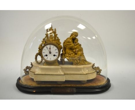 A PRESENTATION FRENCH MANTEL CLOCK, with figural ormolu seated Madonna and child beside pugin style pulpit with circular barr