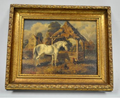 J.J. WILLIAMS, oil on panel, depicting horse in country farmyard before cottage and hay stacks with chickens to foreground, s