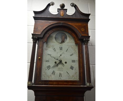 A MAHOGANY EIGHT DAY LONG CASE CLOCK, with arched painted dial, J Mear Dursley with Roman numeral chapter ring with old fathe