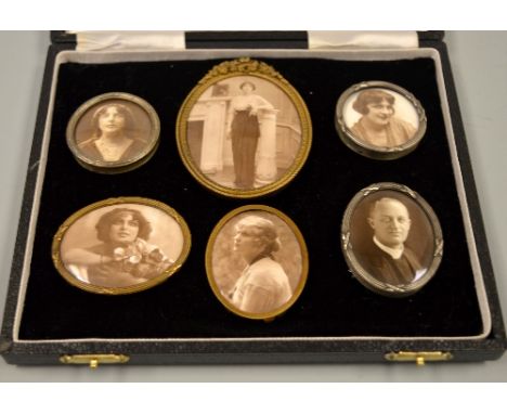 SIX PHOTOGRAPHIC ENAMEL PORTRAIT MINIATURES, four signed Beaufort and dated 1919 verso, all in oval or circular gilt and whit