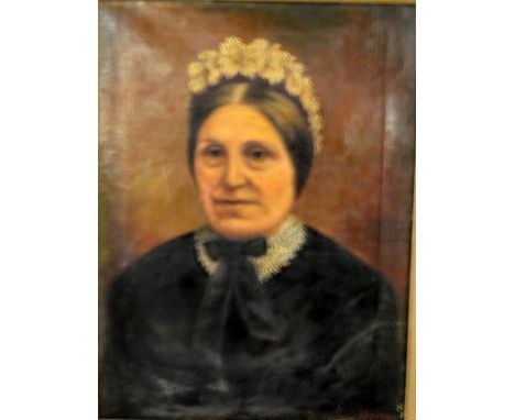 A 19TH CENTURY GILT FRAMED OIL ON CANVAS, portrait of lady in mourning, signed bottom right indistinctly, approximately 39.5c