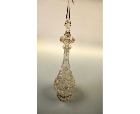 A LARGE CUT GLASS APOTHECARY STYLE DECANTER, of vase shape with tapering point stopper, height approximately 84cm high