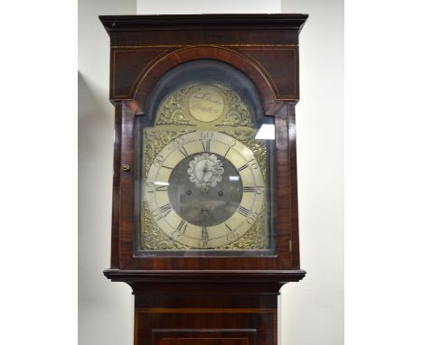 A MAHOGANY BOXWOOD STRUNG LONGCASE CLOCK, arched brass dial, Roman and Arabic numerals to chapter ring, gilt spandrels, engra