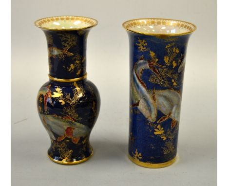 TWO CARLTONWARE LUSTRE FISH AND GILT SEAWEED VASES, both approximately 21cm high (the cylindrical vase with restoration to li