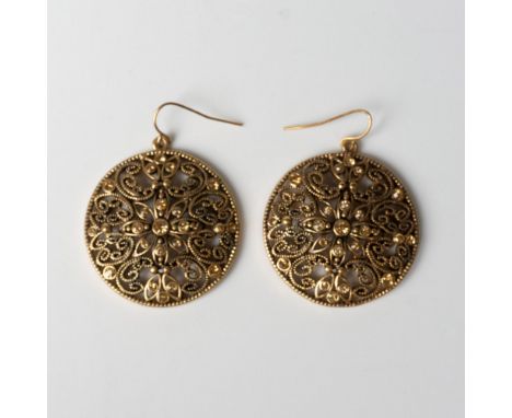 Round gold and bronze tone earrings set with brown crystals. Dimensions: 2"L x 1.5"WCondition: Age related wear. 