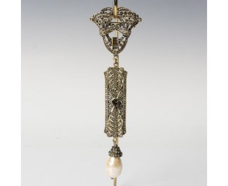 Gorgeous bronze metal brooch with smoky gray crystals and a large faux pearl hanging from the bottom. It has both a standard 