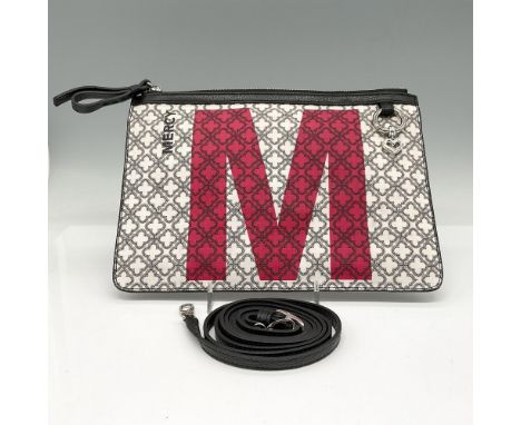 Black, gray and white zippered top bag with clip on leather shoulder strap. Decorated with large red M and Brighton key ring.