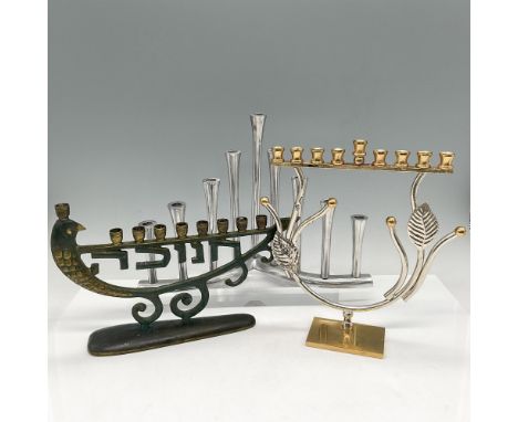 Three 9-branched Hanukkah Menorah candelabras (called Hanukkiah in Hebrew)&nbsp;- brass with verdigris bird design-impressed 