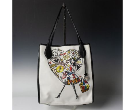 White canvas tote with black leather handles and edging. Decorated with hearts on the sides, one large heart on the back and 