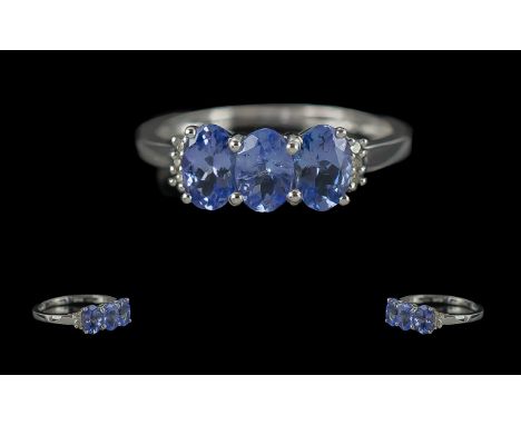 Ladies - Attractive 9ct White Gold Amethyst and Diamond Set Ring. Marked 9.375 to Interior of Shank. The 3 Well Matched Ameth