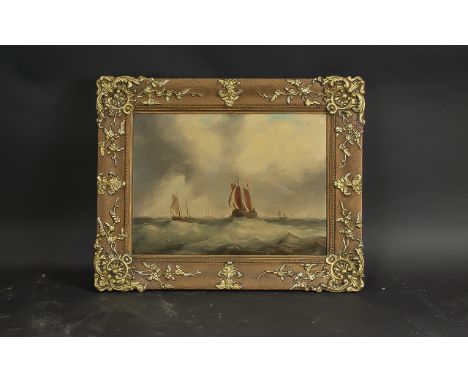 19th Century Oil on Board Seascape, boats in rough sea, housed in moulded frame.  Image measures 9'' x 12''.