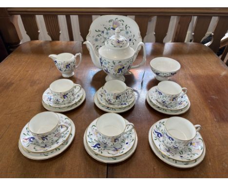 Coalport Bone China Tea Service, comprising Tea Pot, milk jug, sugar bowl, six cups, six saucers, 6 side plates and a bed and