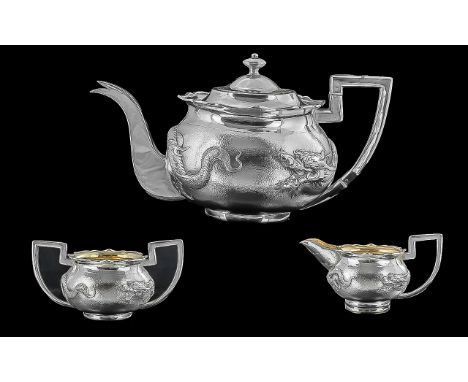 Chinese Export - Excellent Quality Planished SIlver 3 Piece Tea Service of Excellent Proportions / Form, Decorated with Large