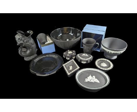 Quantity of Wedgwood Black Basalt,  to include vases, trinket pots, Dolphin Gurgle Vase,Josiah Wedgwood Thimble in box, Wedgw