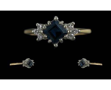 9ct Gold Sapphire &amp; Diamond Set Ring, weight 2.0 grams, Ring Size M.  Diamond shape sapphire with three small diamonds on