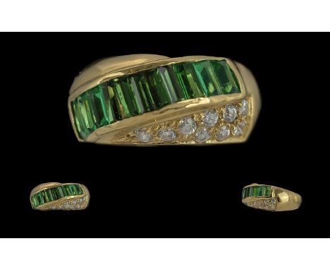 18ct Gold Pleasing / Attractive Contemporary Emerald and Diamond Set Ring. Marked 750 to Shank. Emeralds Well Matched, Diamon