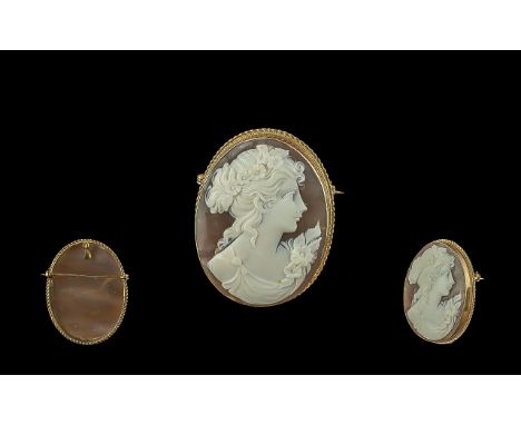 A Large Vintage Impressive 9ct Gold Shell Mounted Cameo Brooch/Pendant - Depicts The Bust Of A Young Female In Low Cut Dress.