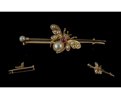 Antique Period Novelty 15ct Gold Insect Brooch - Set With Ruby, Emeralds and Seed Pearls. not Marked but Tests Gold. 2" (5 cm