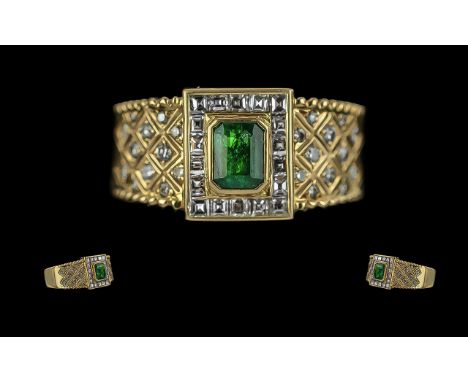 18ct Gold Excellent Quality Diamond and Emerald Set Ring, not marked but tests high carat gold, the central, step cut, emeral