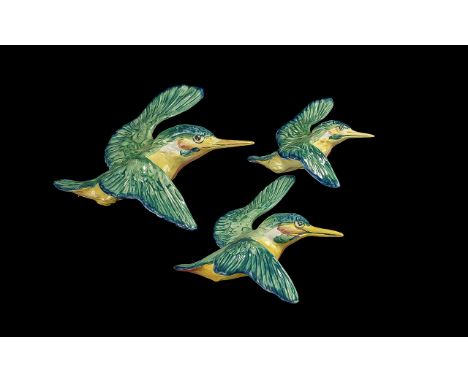 Beswick Hand Painted Wall Hanging Trio of Kingfishers, flying to the right, model no.729, medium and small sizes, issued 1939