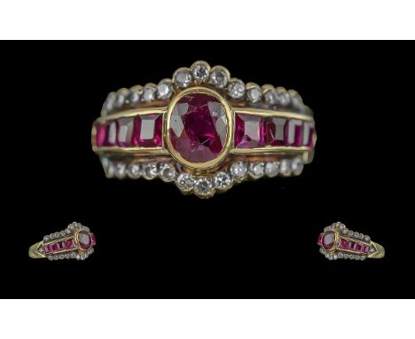 18ct Gold Attractive Ruby and Diamond Set Ring, not marked, tests 18ct - 750, the rubies and diamonds of good colour and clar