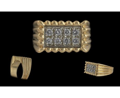 Gents - Heavy 14ct Gold Heavy Diamond Set Dress Ring. Ribbed Designed Shank. Set with 8 Matched Diamonds of Good Colour / Cla