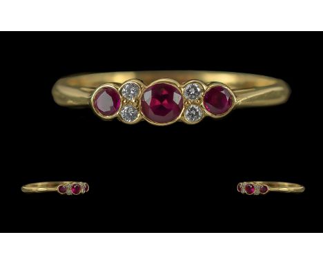 Ladies 18ct Gold Exquisite and Contemporary Ruby and Diamond Set Ring - Full Hallmark for London 2000. The Pave Set Rubies of