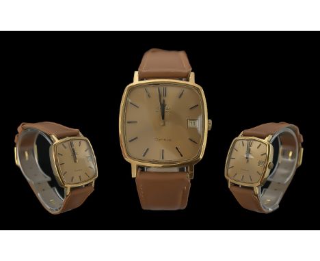 Omega Geneve Gold on Steel Gent's Automatic Wrist Watch of square form with Just Date display window and champagne dial, circ