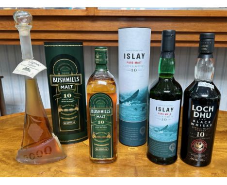 Three Bottles of Single Malt Whisky, comprising Islay Malt 10 year old, Bushmills Malt 10 years old, Lock Dhu Black Whisky 10