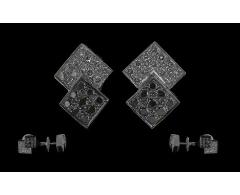 Pair Of 18ct White Gold Diamond Earrings, Of Square Form Set With Modern Round Cut Black And White Diamonds, Unmarked Tests 1