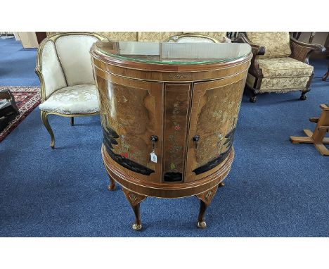 Chinoiserie Decorated Glass Top Bow Fronted Walnut Cocktail Cabinet, glass interior shelf, short cabriole legs, name plaque N