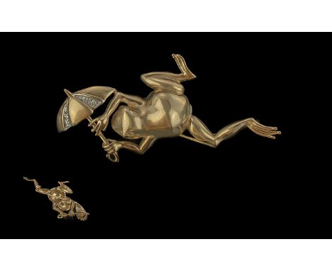 Vintage 9ct Gold Novelty Figural Brooch - In The Form Of A Dancing Frog Holding An Open Umbrella Set With Small Diamonds. Mar