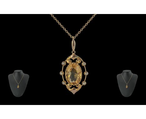 Antique Period - Attractive 9ct Gold Citrine and Seed Pearl Open Worked Pendant with Attached 9ct Gold Chain. The Oval Shaped