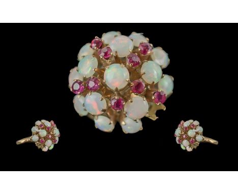 Ladies 14ct Gold Opal and Garnet Set Cluster Ring. Marked 14ct to Shank. The Well Matched Opals of Excellent Colours with Gar