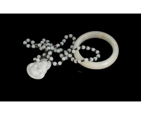 White Jade Pendant &amp; Bangle - Together With Eight Natural Agate Eye Beads, each one approx. 1'' in length.