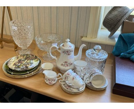 Mixed Lot to Include hobnail cut crystal vase, glass tizza, a crystal ice bucket and cover, a Gainsborough bone china tea ser