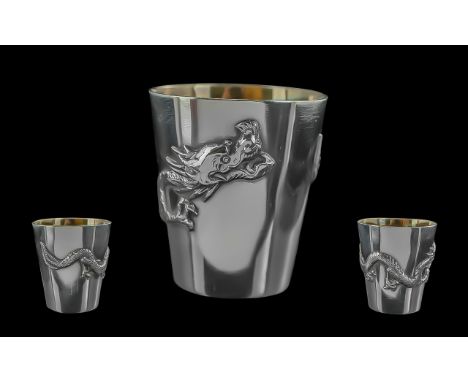 Chinese Export Excellent Quality Single Dragon Silver Tot Cup, Gilt Interior with Entwined 3 Claw Dragon to Body of Cup, In H