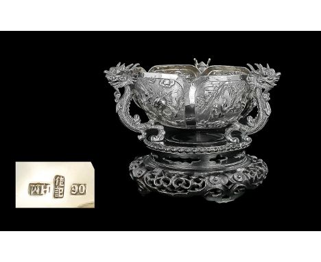 Chinese Export Late 19th Century Early 20th Century Excellent Quality 3 Figural Dragon Silver Handle Bowl, Supported on Its O