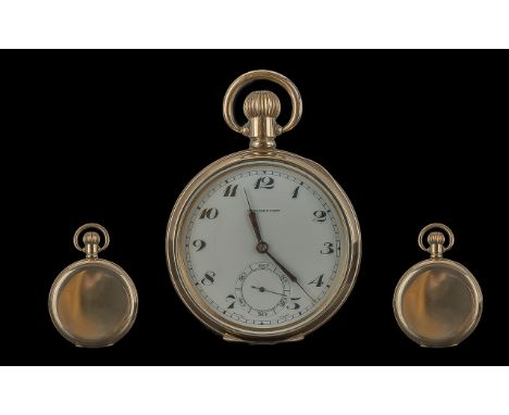 Record ' Dreadnought ' 15 Jewel Stem Winding Gold Filled Open Faced Pocket Watch. c.1920's. Features Diameter 50 mm, White En