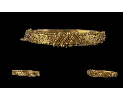 Edwardian Period Ladies - 9ct Gold Ornate Hinged Bangle with Safety Chain. Marked 9.375. With Original Display Box. Weight 9.