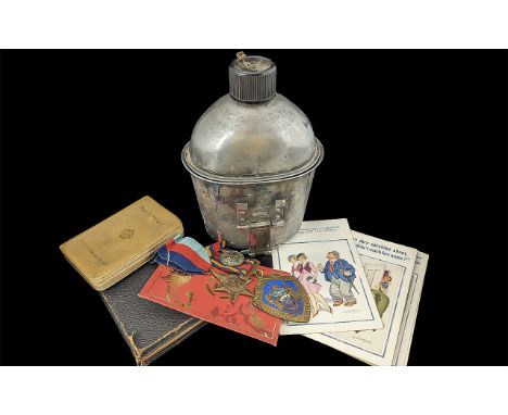 Military US Water Flask marked Swanson 1945, together with a Military Star medal, a Temperance medal with a blood donor pin a