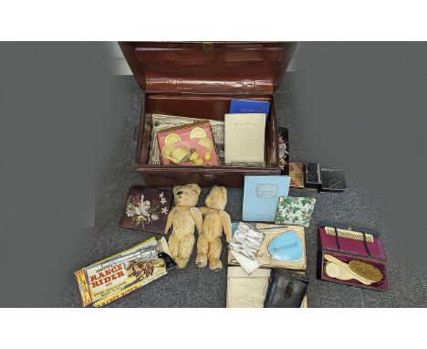 Large Metal Chest containing collectibles, including two vintage teddy bears, a pair of binoculars, two Wedgwood trinket boxe