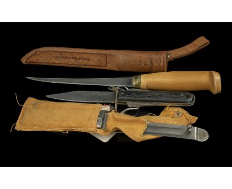 Finnish Fish Filleting Knife by J Marttiini, in leather scabbard, together with a small hunting knife in metal scabbard.