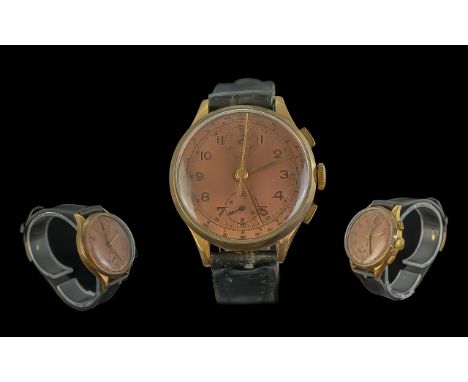 18ct Gold Cased - Gents 1950's Mechanical Wind Chronograph Wrist Watch ( Large Size ) Marked 18ct - 750 to Back Cover. 