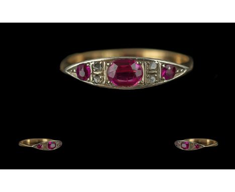 Antique Period - Attractive 18ct Gold Ruby and Diamond Set Ring. Marked 18ct to Shank. Rubies of Excellent Colour, Ring Size 