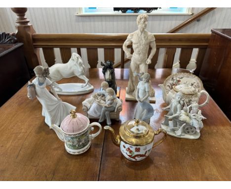 Mixed Lot of Pottery &amp; Porcelain, to include Nao figure Young Girl 1425, Nao figure 1409, horse figure 9.5'', horse head 