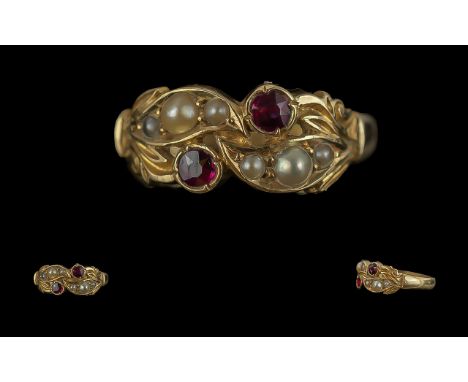 Antique Period - Exquisite Ladies 18ct Gold Ruby and Seed Pearl Set Ring, Pleasing Form / Design. Full Hallmark for Birmingha