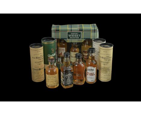 Box Of Miniature Bottles of Whisky, comprising th Scotch Whisky Collection, boxed, Glenfiddich and three Balvenie in tubes, J
