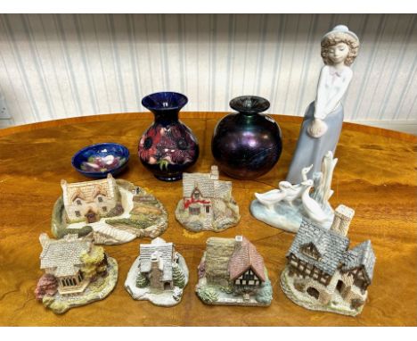 Box of Assorted Porcelain, comprising a damaged Moorcroft vase and pin dish, Lilliput Lane and David Winter cottages, a Mdina